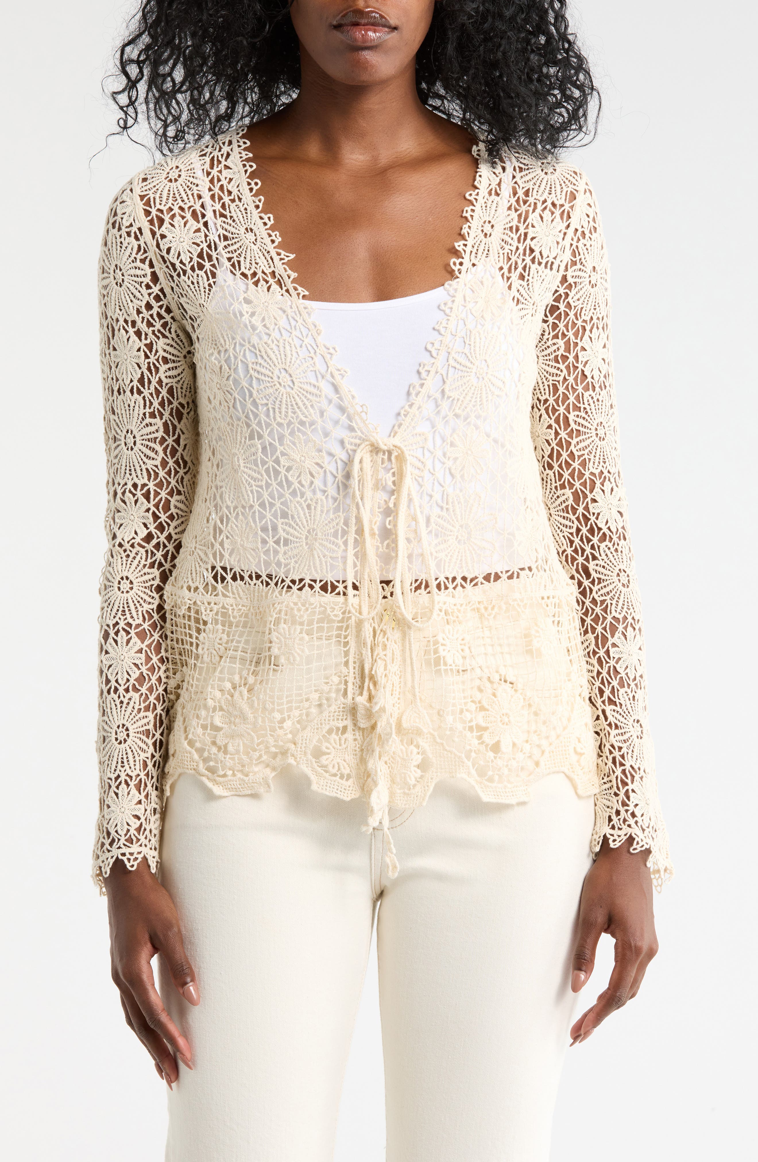 Forgotten Grace Crochet Lace Tie Front Top