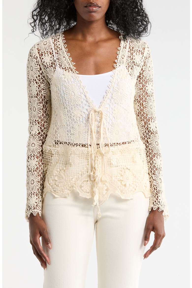 Crochet Lace Tie Front Top, Main, color, NATURAL