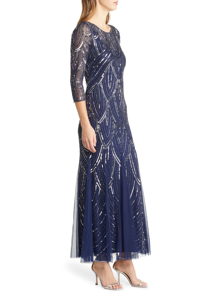 Beaded Illusion Neck Gown, Alternate, color, NAVY