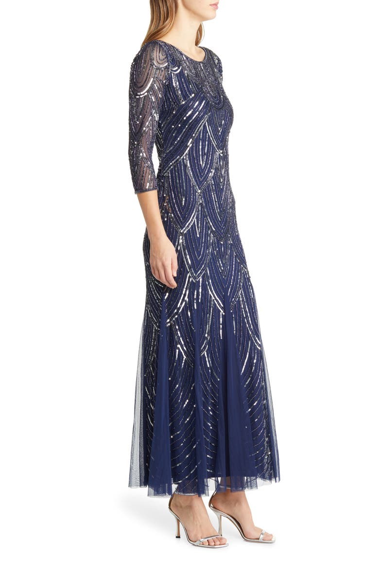Pisarro Nights Beaded Illusion Neck Gown, Alternate, color, Navy