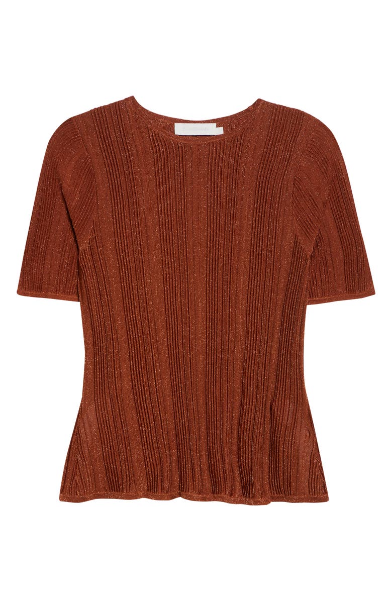 Zimmermann Indra Short Sleeve Shimmer Rib Sweater, Alternate, color, Metallic Tan