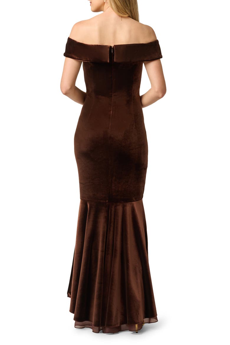 Ruffle Off the Shoulder Velvet Gown, Alternate, color, DARK BROWN