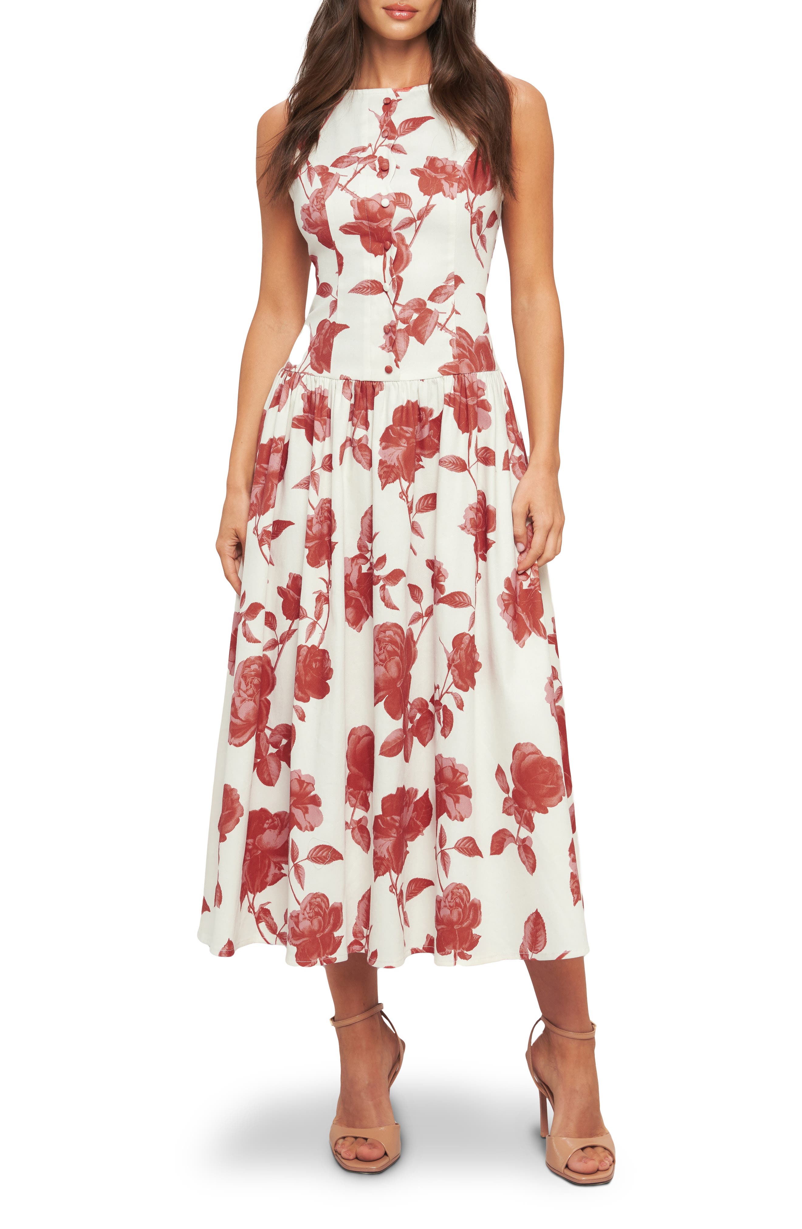 FLYING TOMATO Floral Sleeveless Cotton Blend Twill Dress