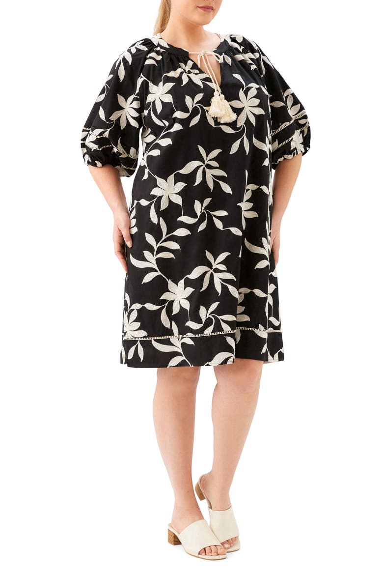 Floral Embroidered Puff Sleeve Cotton Shift Dress, Alternate, color, BLACK