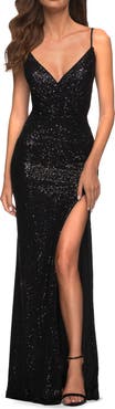 La Femme Long Sequin Gown with Wrap Style Top and Slit