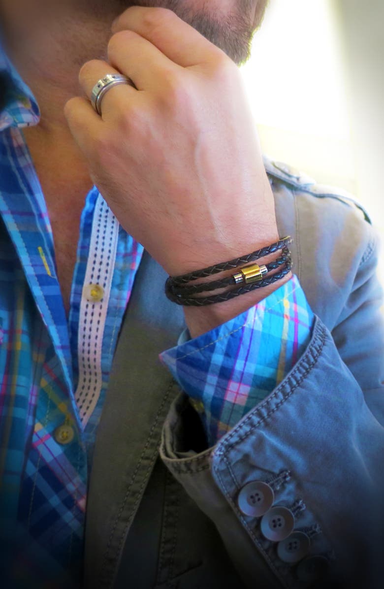 Liza Schwartz Men's Braided Leather Stainless Steel Magnetic Clasp Triple Wrap Bracelet, Alternate, color, Black