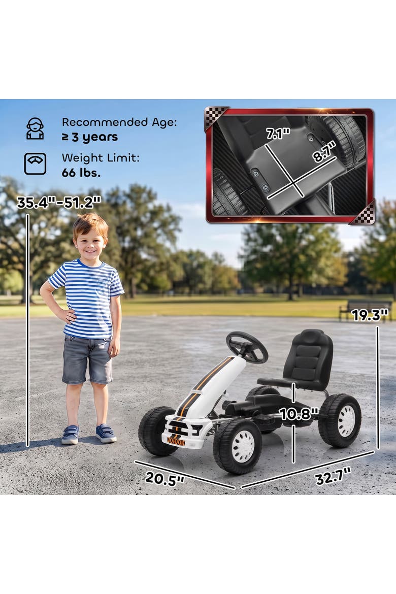 Pedal Go Kart for Kids with Lightweight Aluminum Frame, Steering Wheel, Go Cart Ride on Toy with Manual Brake, Alternate, color, White