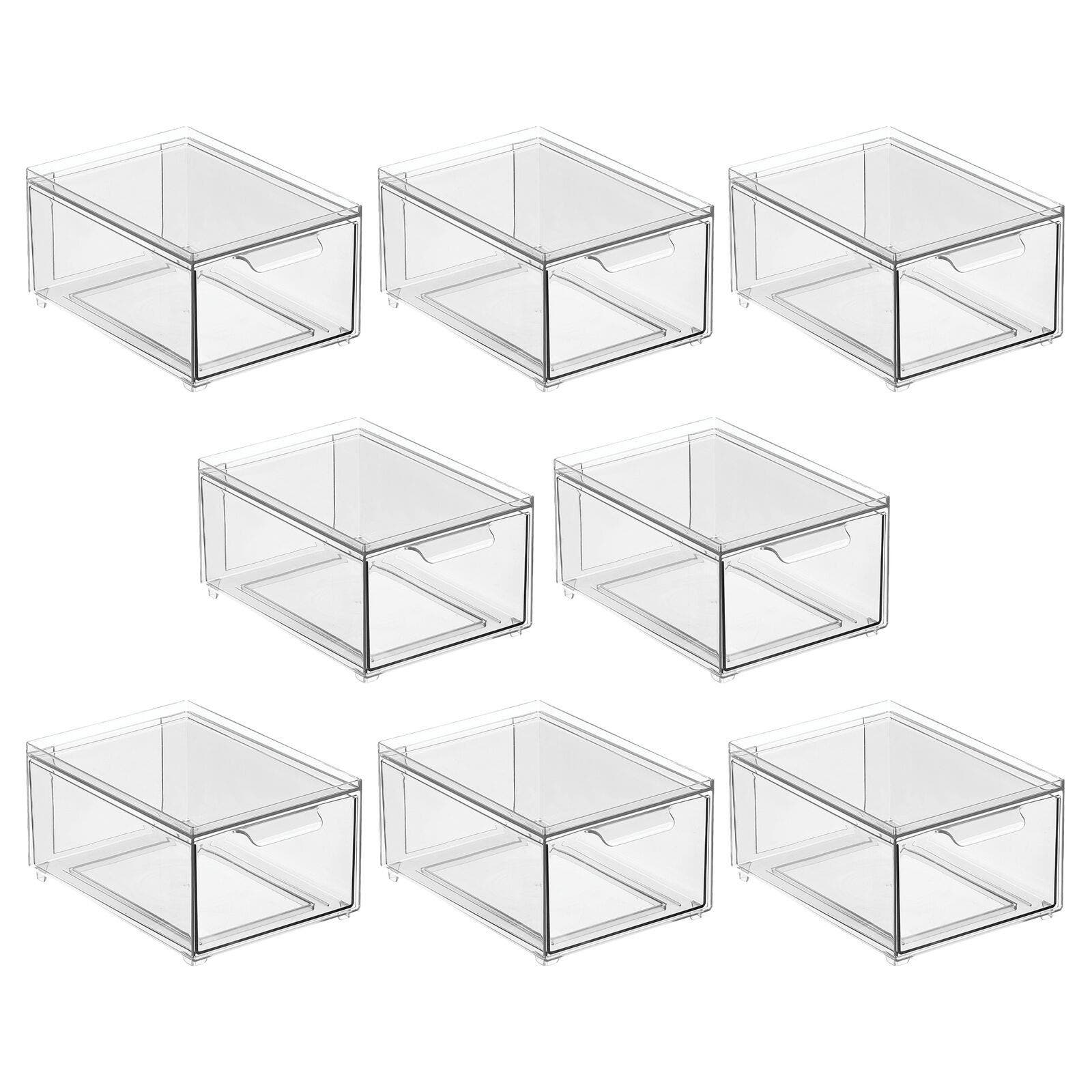 mDesign Plastic Stackable Bathroom Storage Organizer with Drawer, 8 x 6 x 4 - 8 Pack in Clear 