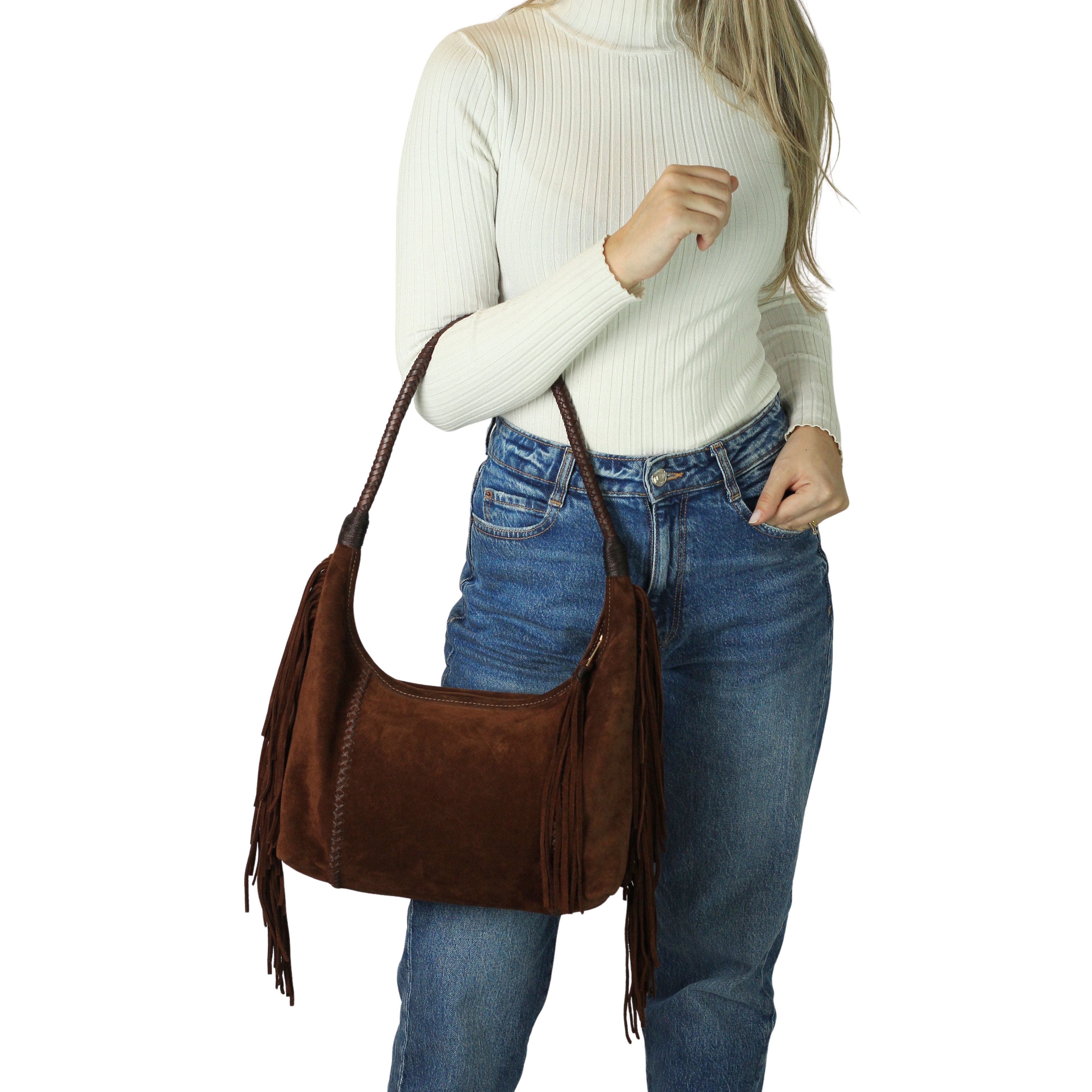 Carlos Falchi Fringe Suede Hobo Bag, Alternate, color, Cocoa