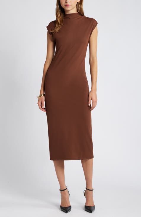 Ruched Front Midi Dress Brown Cream main image 1