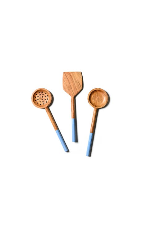 Wooden Utensils with French Blue Enamel Handle 3 Piece Set