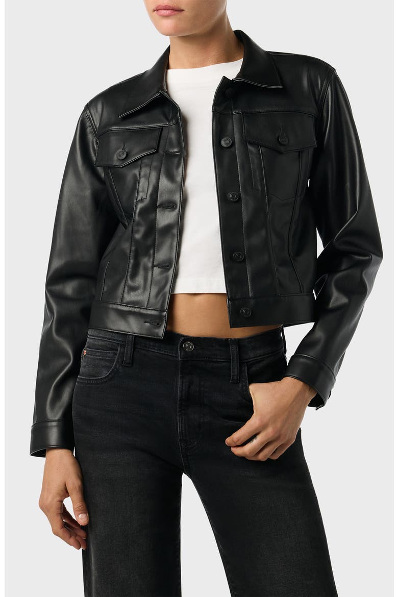 Crop Faux Leather Trucker Jacket, Main, color, BLACK