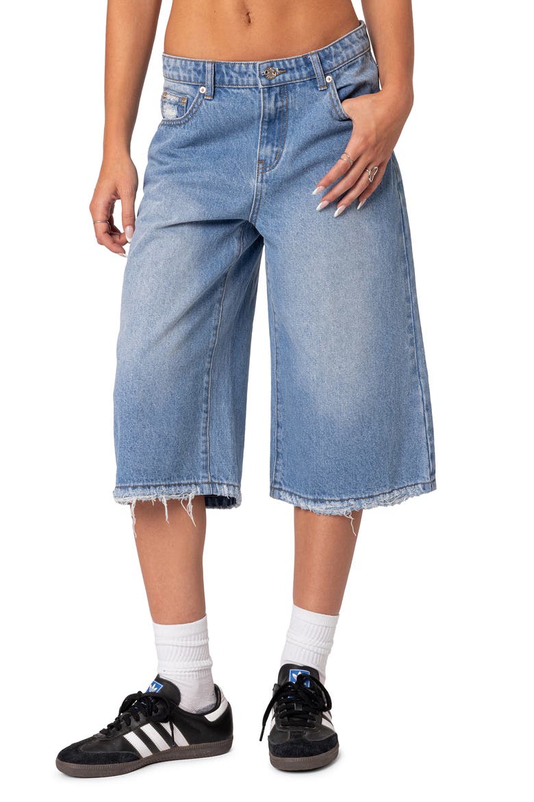 Fallen Angel Rigid Denim Long Bermuda Shorts, Main, color, BLUE-WASHED