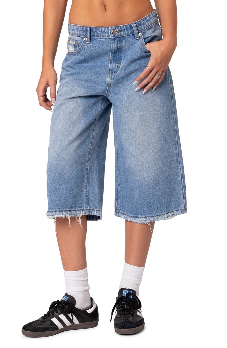 EDIKTED Fallen Angel Rigid Denim Long Bermuda Shorts, Main, color,