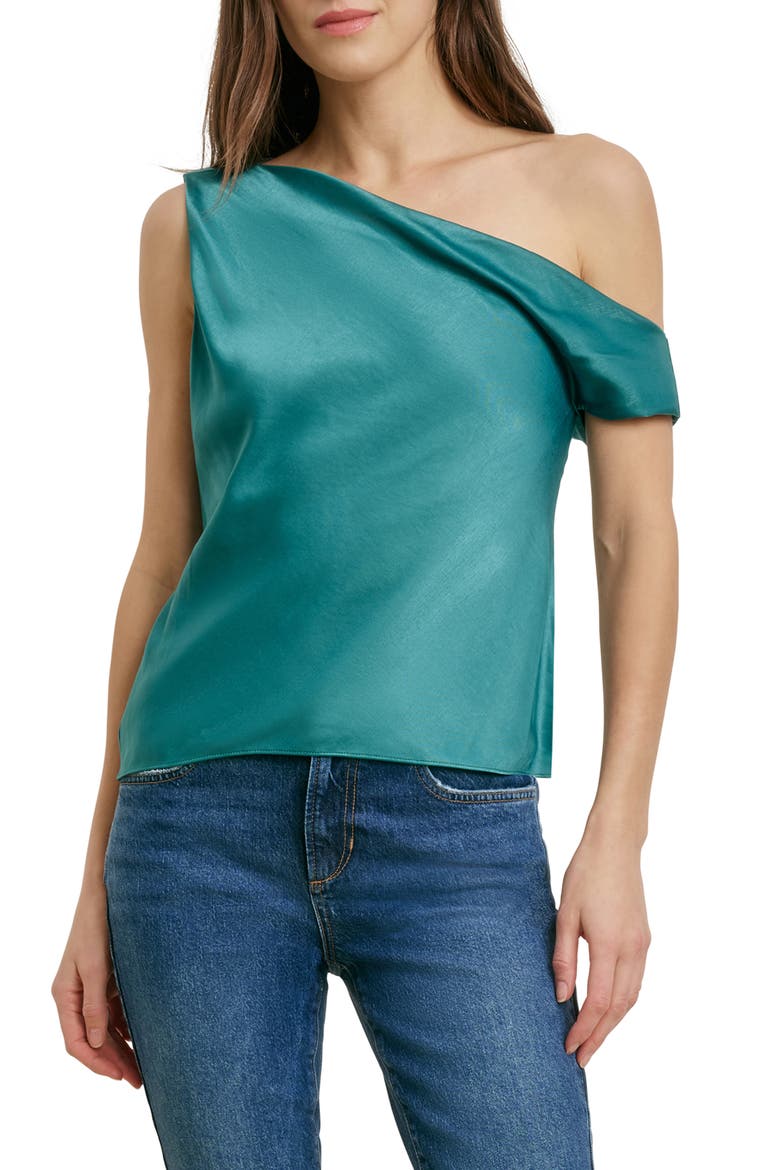 The Side Note One-Shoulder Satin Top, Main, color, EMERALD