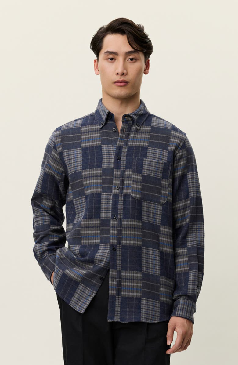 Les Deux Kent Patchwork Check Button-Down Shirt, Alternate, color, Dark Navy