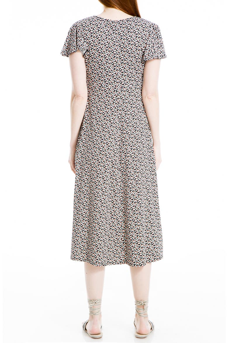 Cinched Sleeve & Front Midi Dress, Alternate, color, BLACK/ CORAL BUDS