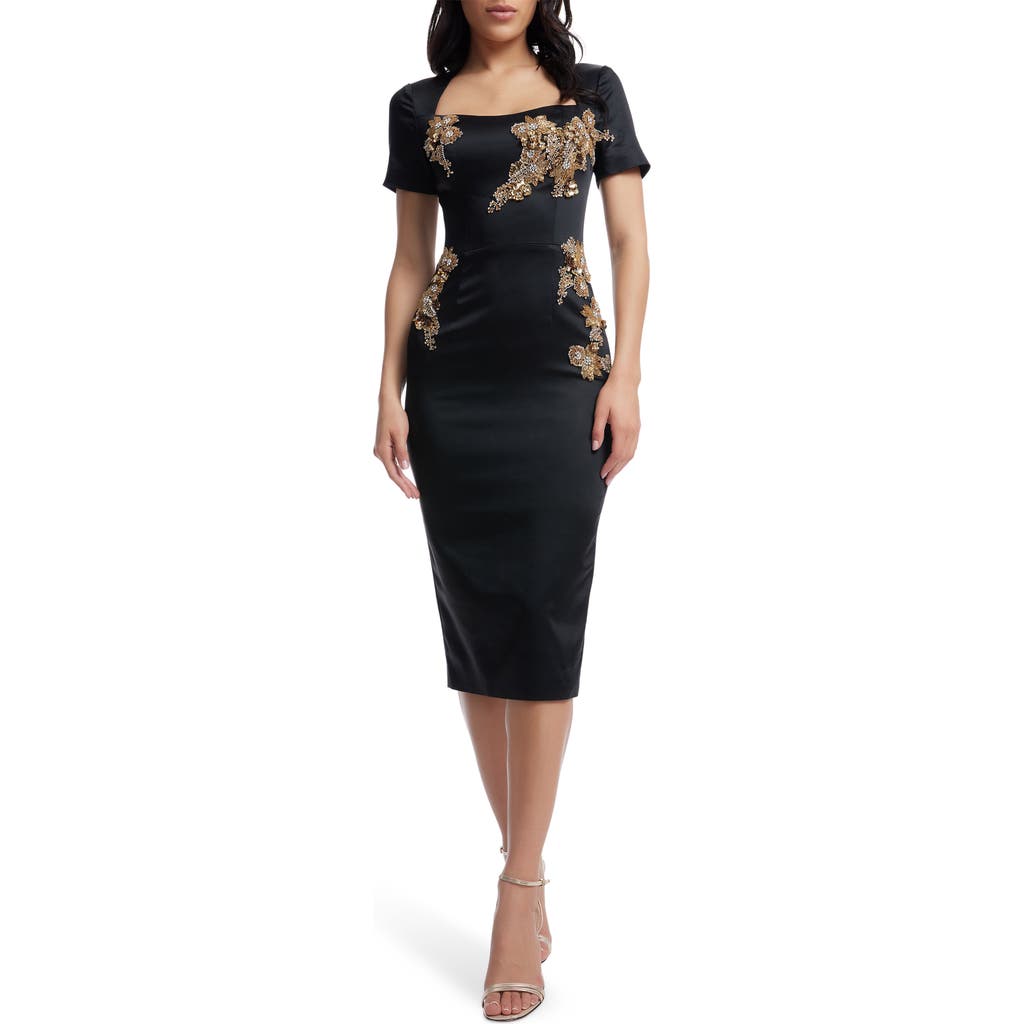 DRESS THE POPULATION DRESS THE POPULATION TERRI BEADED FLORAL DETAIL COCKTAIL MIDI DRESS