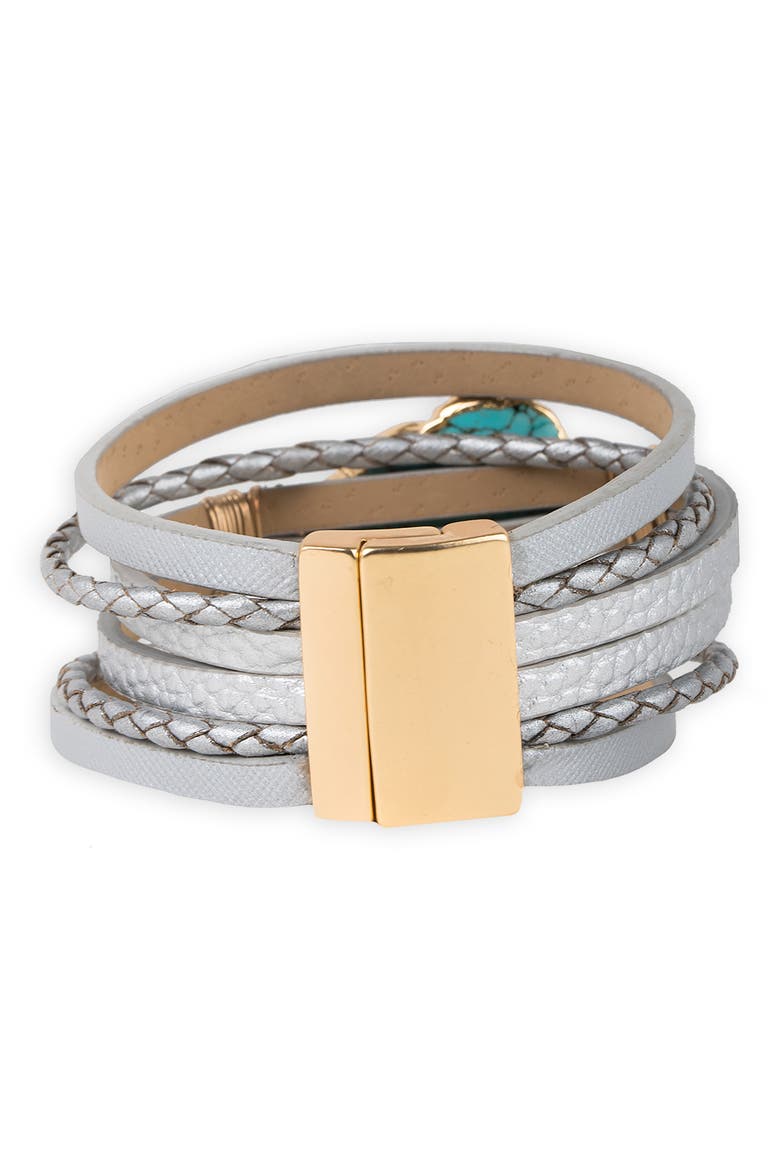 Turquoise Stone Faux Leather Braided Cuff Bracelet, Alternate, color, GREY