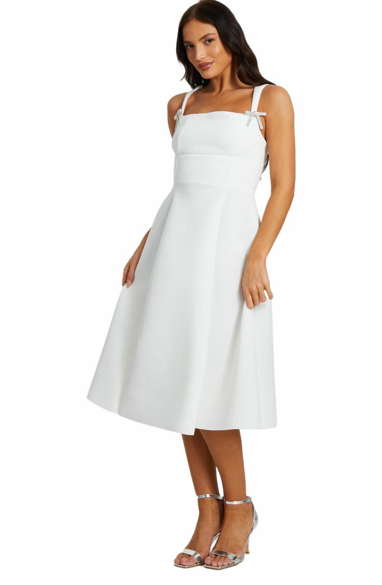 QUIZ Scuba Foam Midi Skater Dress with Diamante Bows, Alternate, color, White
