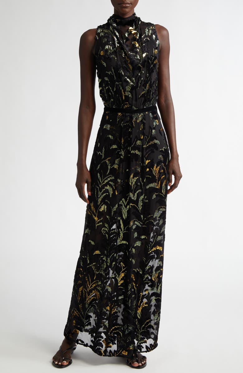 Johanna Ortiz Fancy Sea Burnout Velvet Silk Chiffon Maxi Dress, Main, color, 