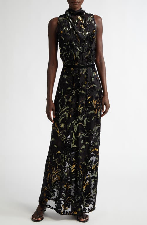 Shop Johanna Ortiz Fancy Sea Burnout Velvet Silk Chiffon Maxi Dress In Black