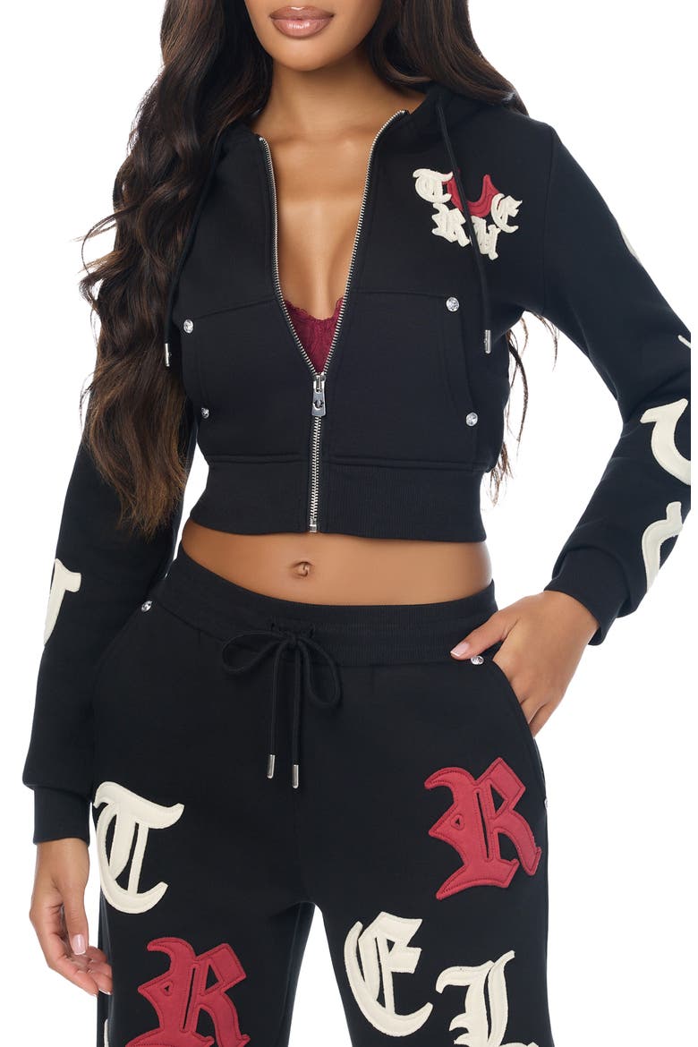Appliquéd Full Zip Hoodie, Main, color, JET BLACK