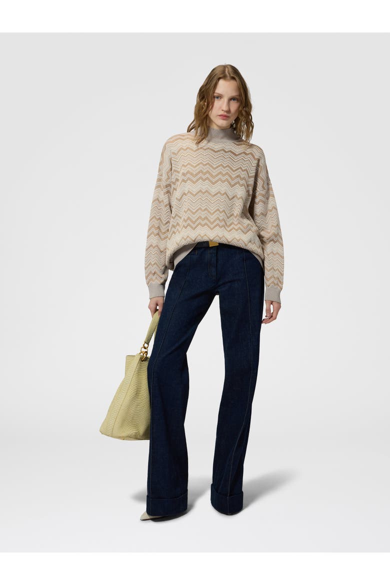 Zig Zag Viscose And Wool Turtleneck Sweater, Alternate, color, Beige