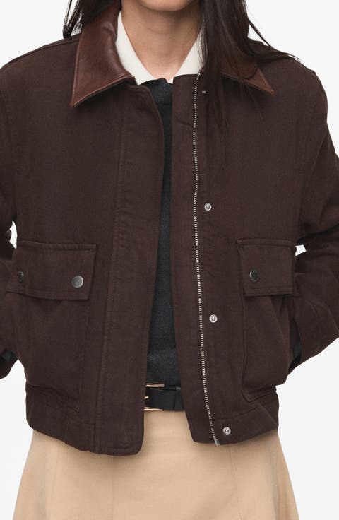 Faux Leather Collar Denim Jacket