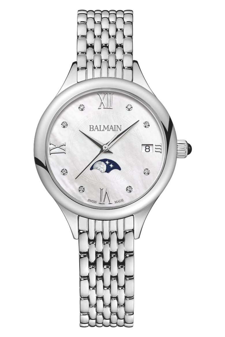 Diamond Moon Phase Bracelet Watch, 31mm, Main, color, STAINLESS STEEL