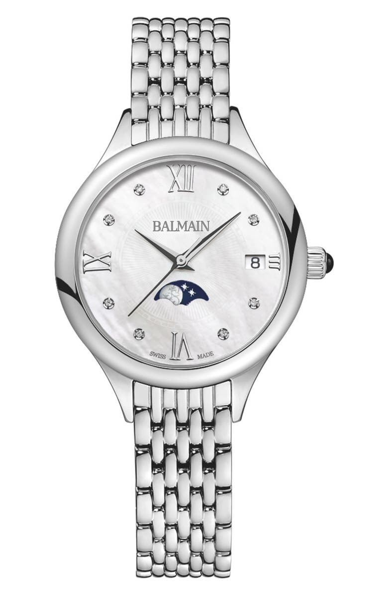 BALMAIN WATCHES Diamond Moon Phase Bracelet Watch, 31mm, Main, color, Stainless Steel