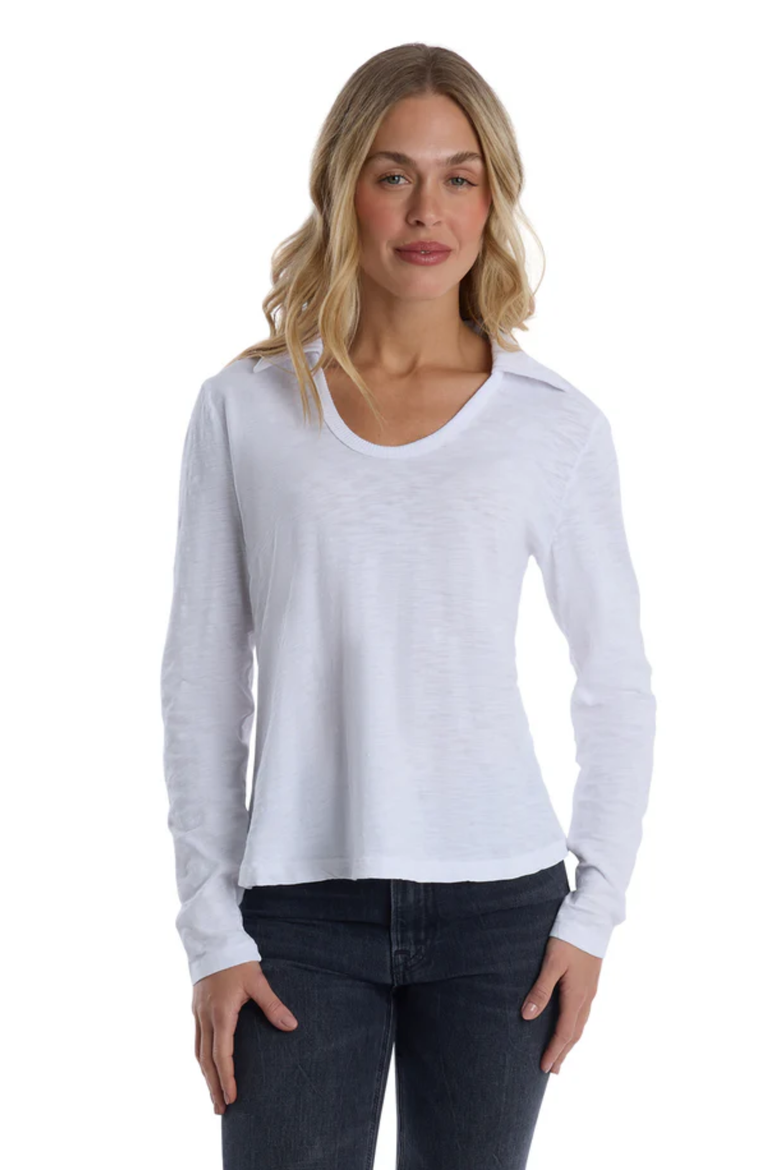 Scoop Neck Long Sleeve Polo Tee with Round Hem, Alternate, color, White