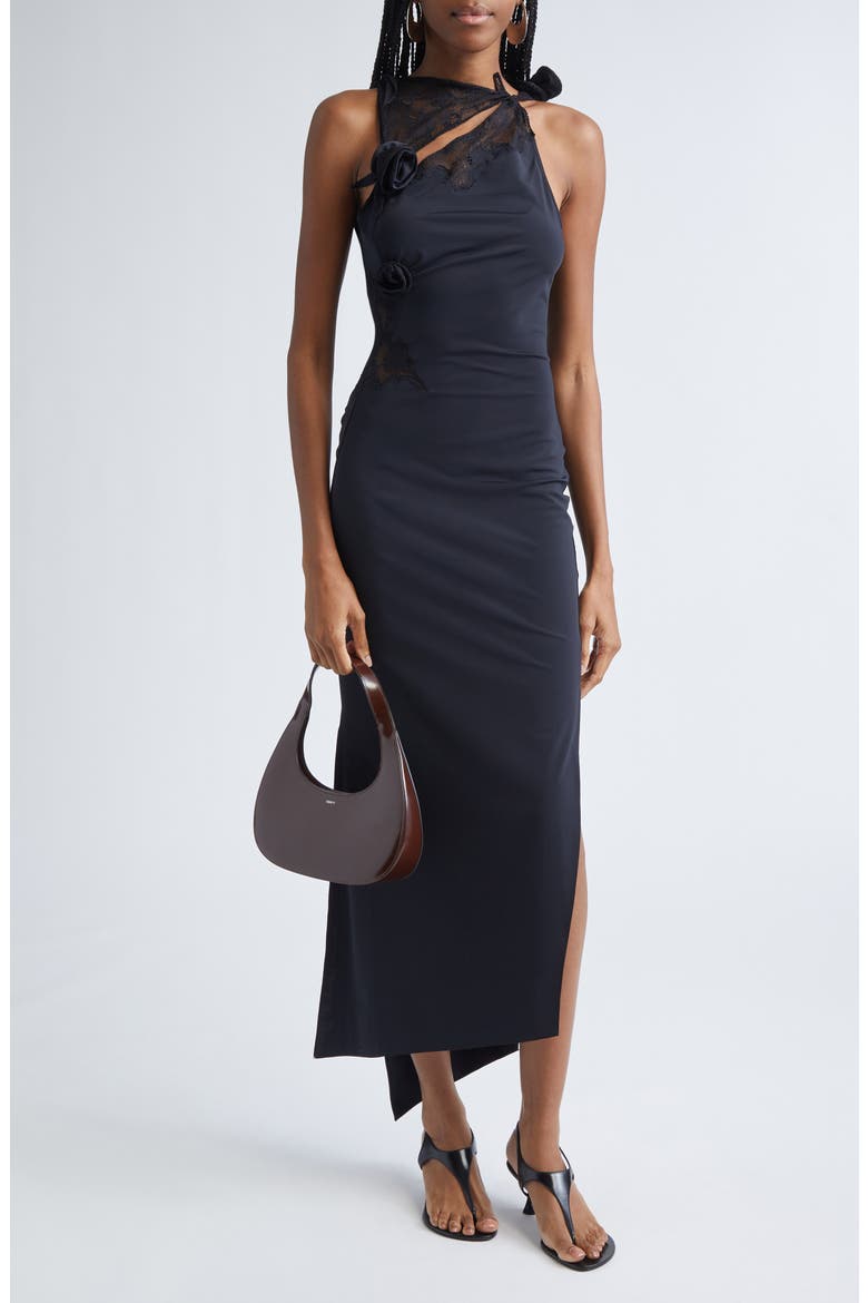 Flower Asymmetric Lace Dress, Alternate, color, BLACK