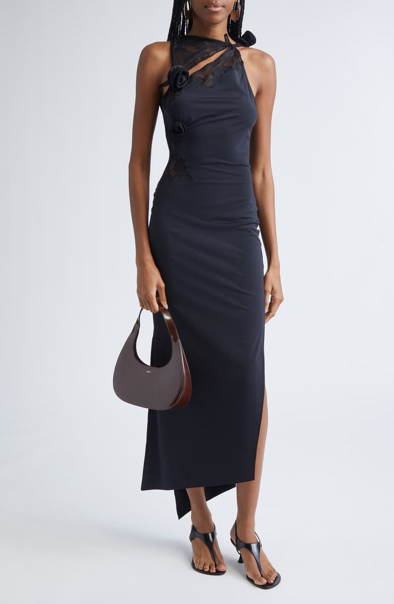 Coperni Flower Asymmetric Lace Dress, Alternate, color, Black