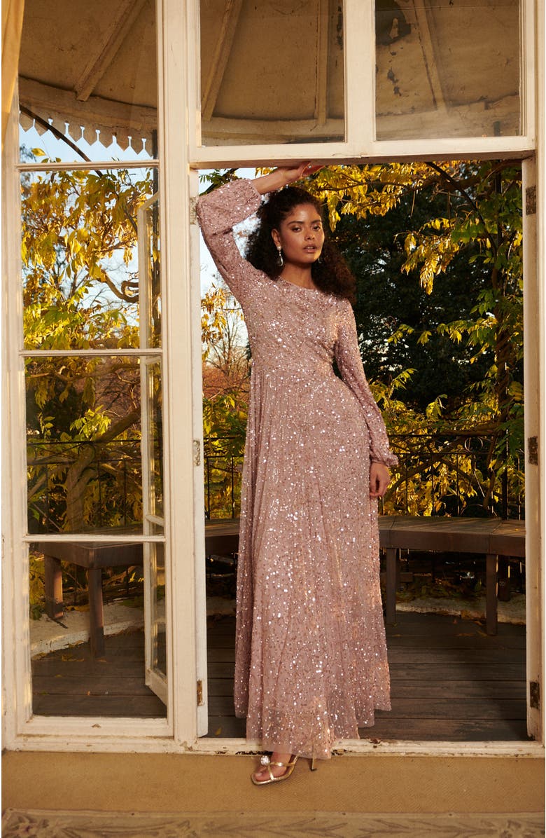 MARYISA Occasion Modest Embellished Sequin Beaded Floral Evening Dress, Alternate, color, Frosted Pink