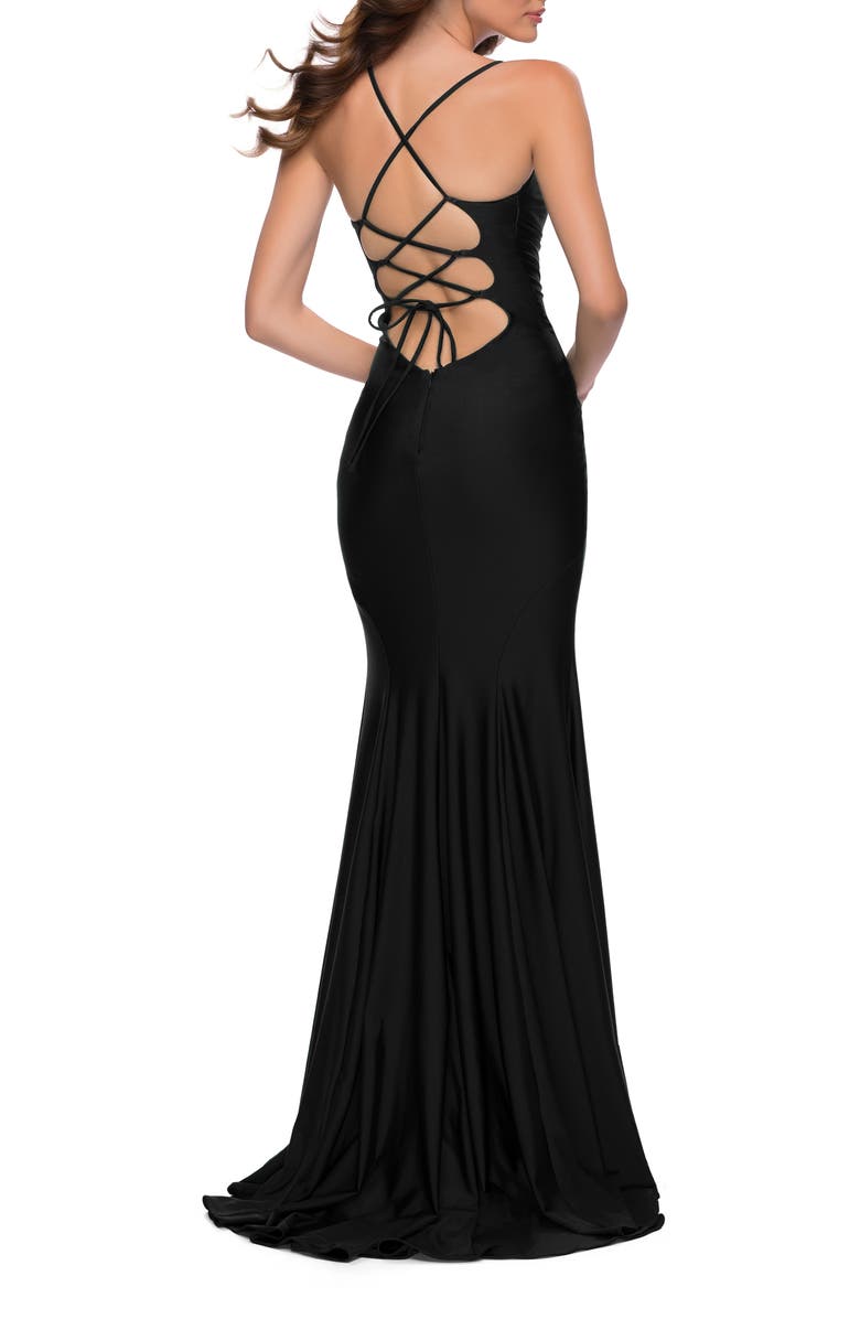 La Femme V Neck Jersey Fitted Prom Dress with Tie Up Back, Alternate, color, Black