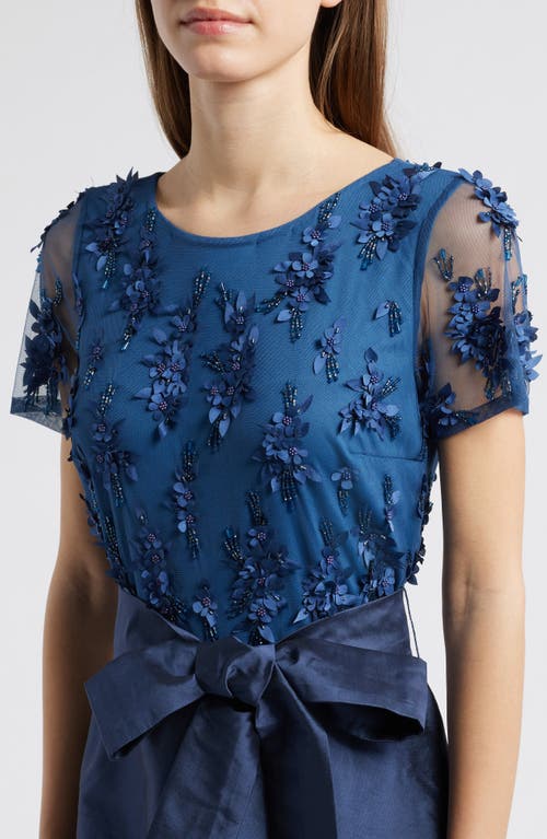 Pisarro Nights 3d Floral Bodice Beaded Gown In Denim