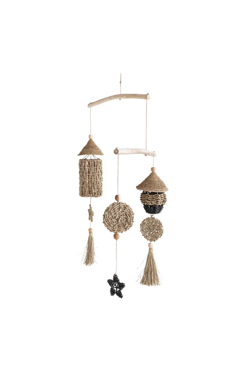 Storied Home 45 Inches Wood and Hand-Woven Seagrass Mobile Wall Hanging, Main, color, Natural