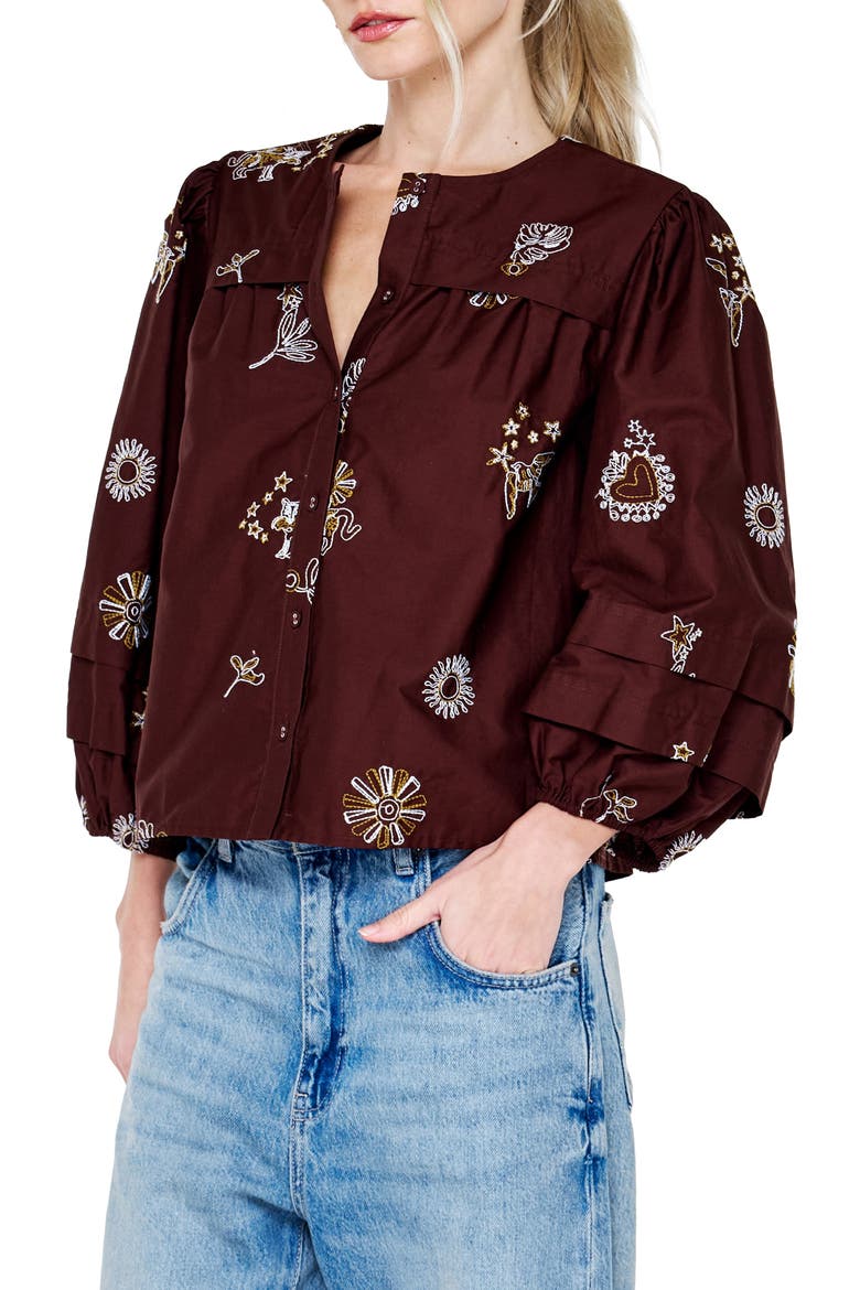 Liliane Embroidered Cotton Poplin Shirt, Alternate, color, BROWN