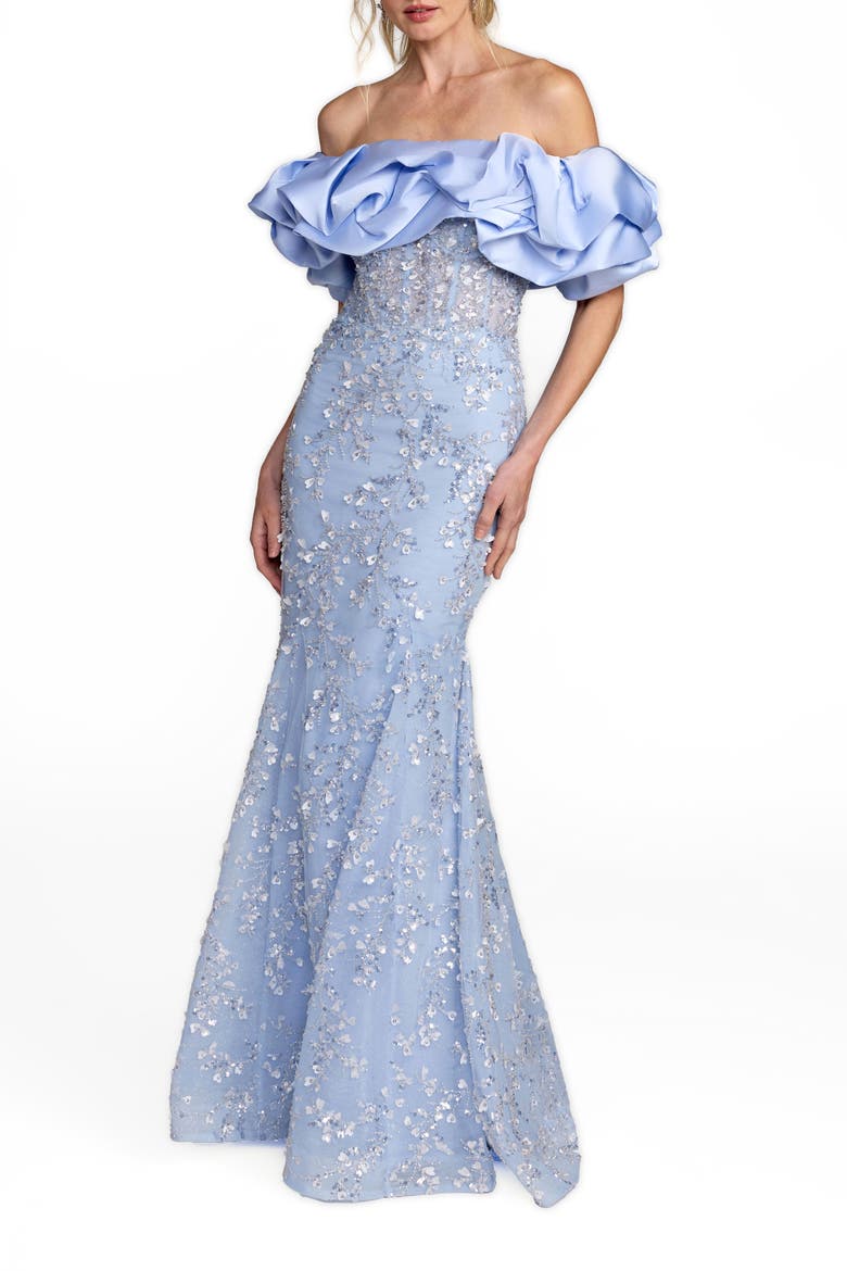 Beaded Applique Off The Shoulder Mermaid Gown, Main, color, Periwinkle