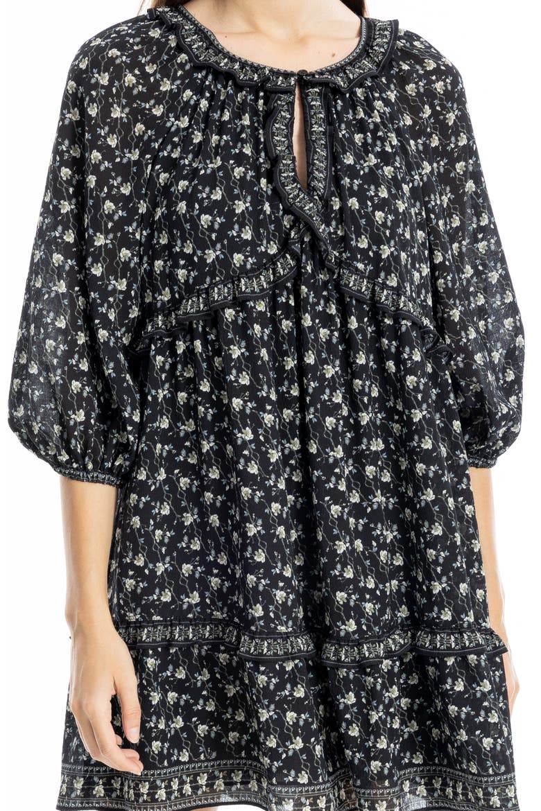 Floral Three-Quarter Sleeve Keyhole Minidress, Alternate, color, BLACK FLORAL