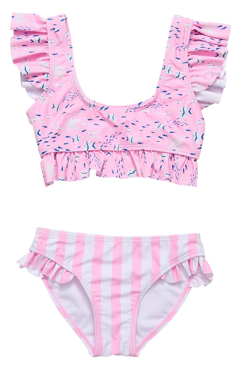 Snapper Rock Kids' Pink Sea Print Ruffle Two-Piece Swimsuit, Main, color, 