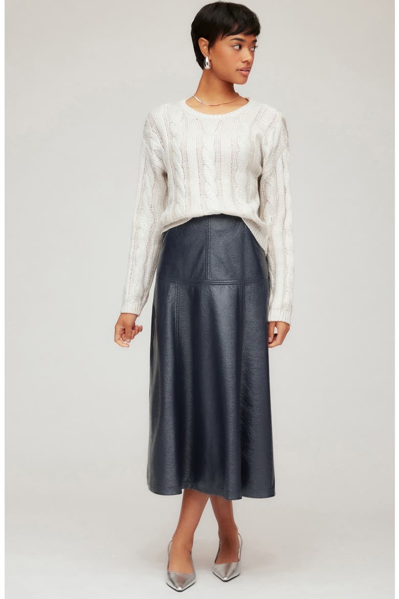 Bronwyn Faux Leather Midi Skirt, Alternate, color, NAVY