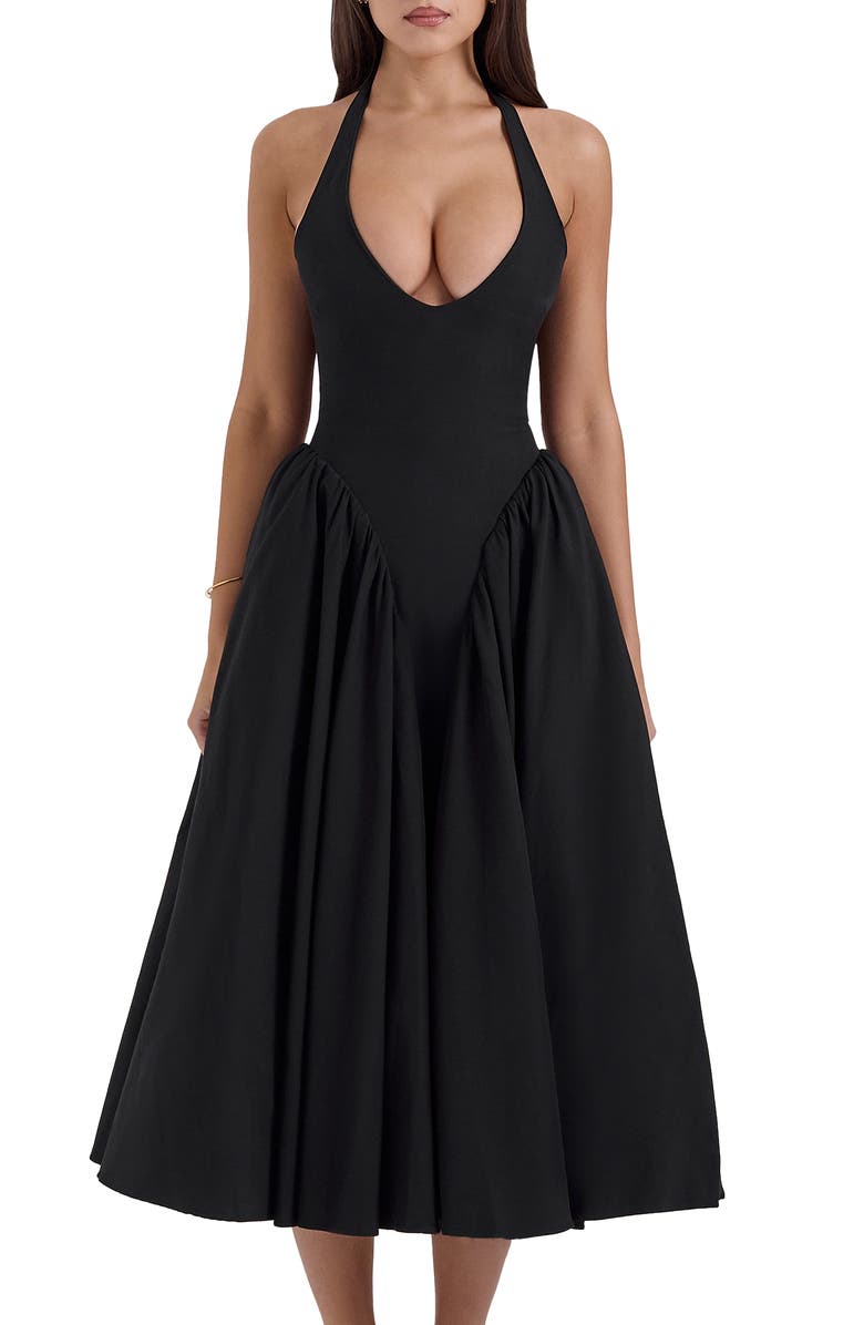 HOUSE OF CB Marilyn Gingham Halter Midi Sundress, Alternate, color, Black