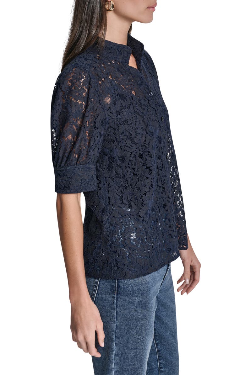 DKNY Jeans Puff Sleeve Lace Button Front Shirt, Alternate, color, Peacoat