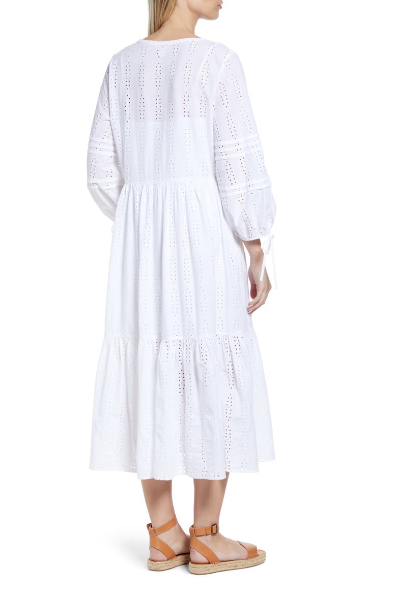 Eyelet Three-Quarter Sleeve Cotton Midi Dress, Alternate, color, WHITE