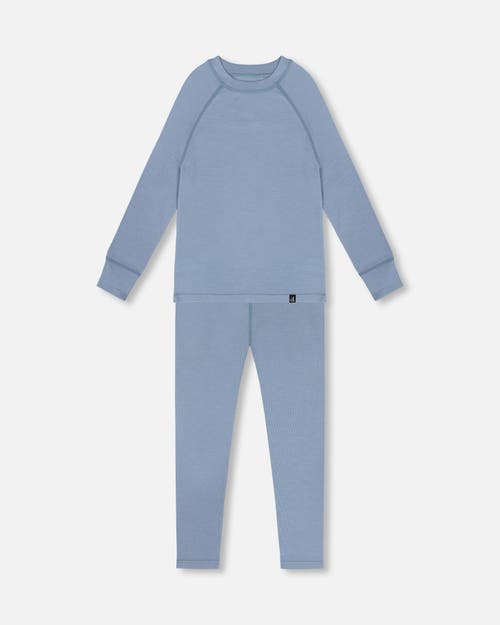 Deux Par Deux Kids Gender Inclusive Merino Wool Base Layer Set In Blue