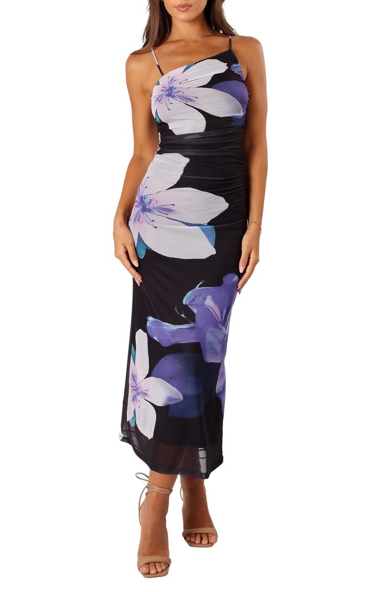 Petal & Pup Jasmine Asymmetric Neck Ruched Maxi Dress, Main, color, Black Floral