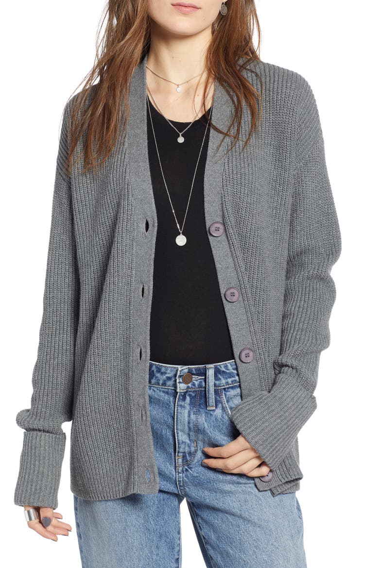 Ribbed Cardigan Sweater, Main, color, GREY DARK HEATHER