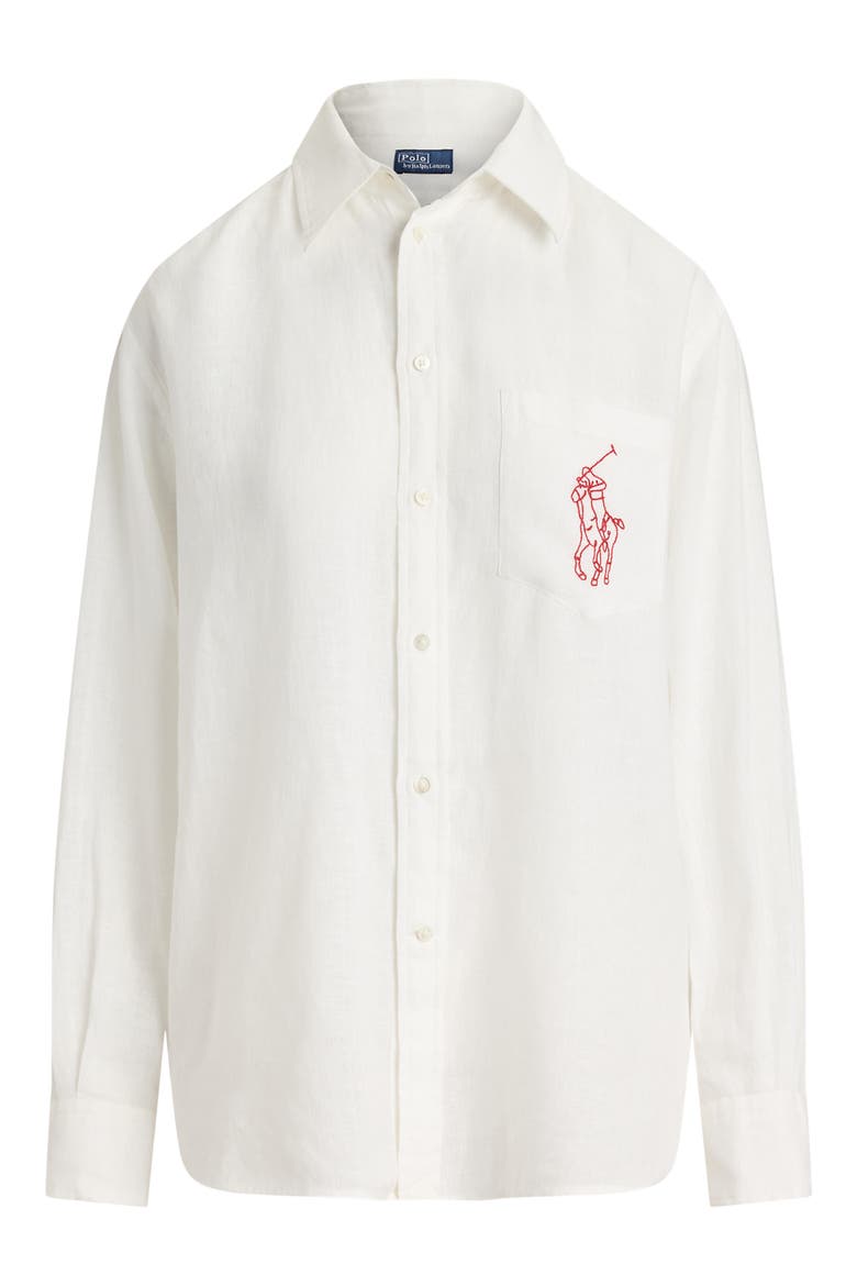 Embroidered Big Pony Oversize Linen Button-Up Shirt, Alternate, color, CLASSIC OXFORD WHITE